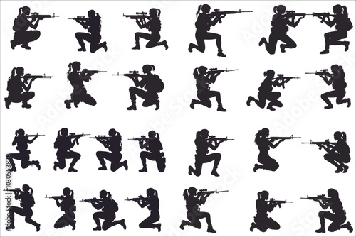 Soldier silhouette icon vector. Set of woman soldiers in various poses silhouettes vector. Young woman soldier firing position silhouettes. Vector illustrations of woman soldiers in firing position
