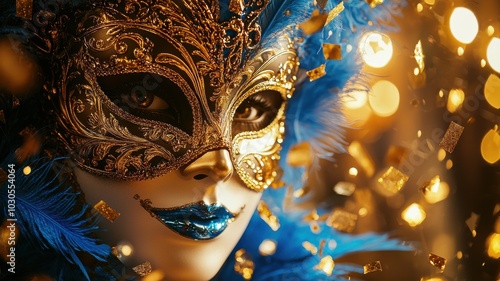 Carnival mask with blue feathers and lights