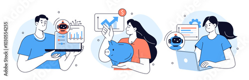Financial technology set. Characters using artificial intelligence finance tools for business analysis. AI fintech,  data science,  machine learning concept.