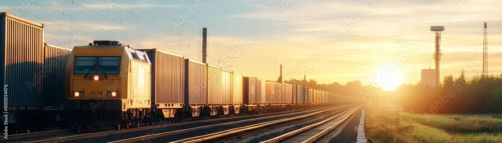 Freight train at sunset, scenic railway Freight train at sunset, scenic railway