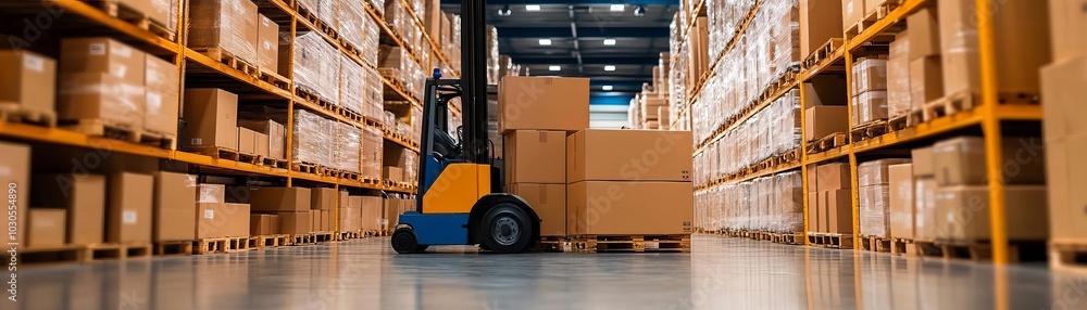 Forklift in a warehouse with stacked boxes Forklift in a warehouse with stacked boxes
