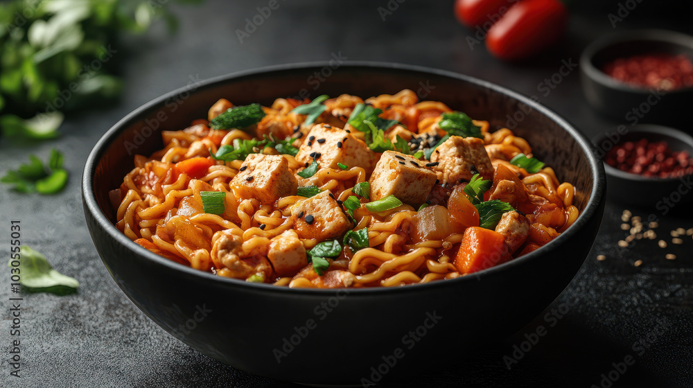 delicious bowl of plant based ramen featuring tofu, vegetables, and vibrant herbs, perfect for comforting meal delicious bowl of plant based ramen featuring tofu, vegetables, and vibrant herbs, perfect for comforting meal