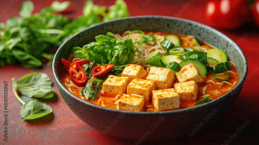 vibrant plant based ramen bowl featuring tofu, fresh vegetables, and noodles, creating delicious and healthy meal vibrant plant based ramen bowl featuring tofu, fresh vegetables, and noodles, creating delicious and healthy meal