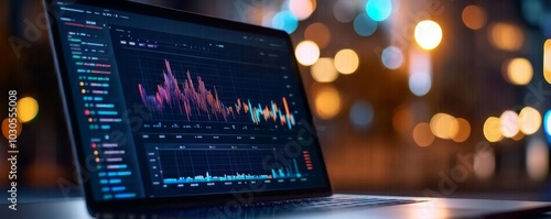 Laptop displaying data analytics at night