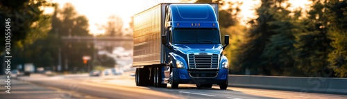 Blue truck on the highway at sunrise