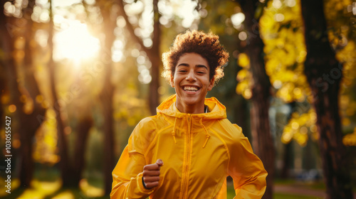 Young woman running in the park with a big smile