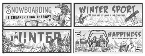 Four different banners showing people snowboarding, skiing and riding a ski lift in the mountains. Winter poster or sign for winter sport