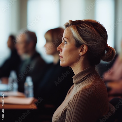 Focused female participant at a conference, deep in thought during a presentation. photo