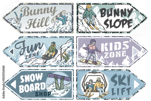 Set of vintage grunge arrow shaped labels with snowboarders, skiers and inscriptions on winter sports theme. Winter poster or sign