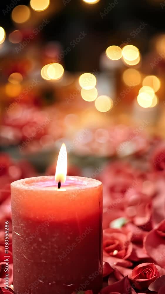 Red candle with rose petals and bokeh lighting, romantic ambiance. Relaxation and meditation concept Red candle with rose petals and bokeh lighting, romantic ambiance. Relaxation and meditation concept