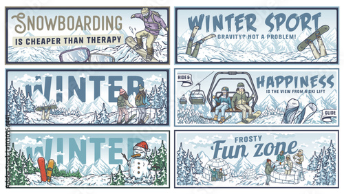 Set of posters about winter sports and activities in a vintage style with people having fun. Winter poster or sign