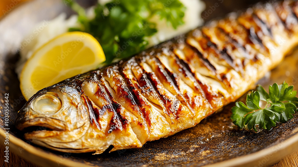 Golden-brown grilled mackerel saba served on a rustic Golden-brown grilled mackerel saba served on a rustic