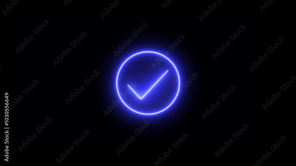 Glowing neon circle in check mark icon animation. Glowing neon circle in check mark icon animation.