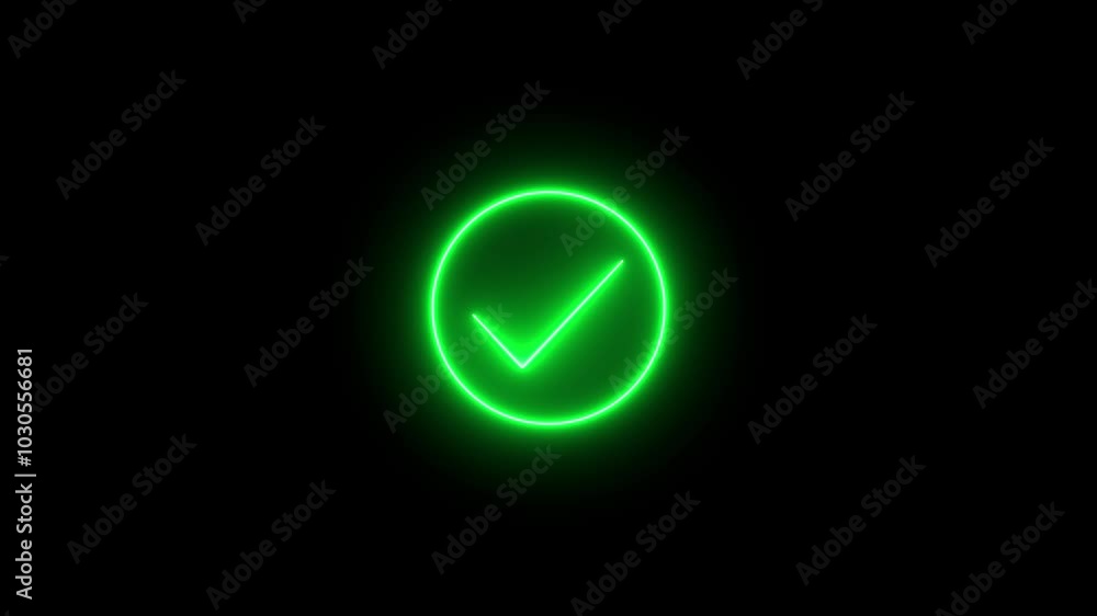 Glowing neon circle in check mark icon animation. Glowing neon circle in check mark icon animation.