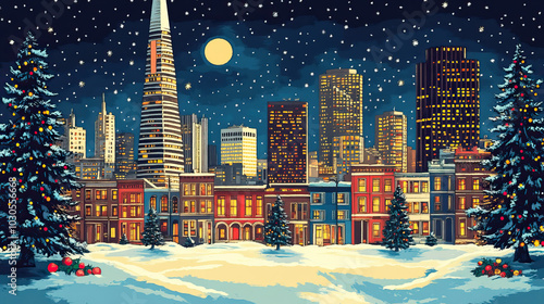 San Francisco, California, classic traditional Christmas wood block print effect. Woodblock Xmas theme printing. Graphic designed, illustration for travel poster, card, wallpaper, backdrop or banner