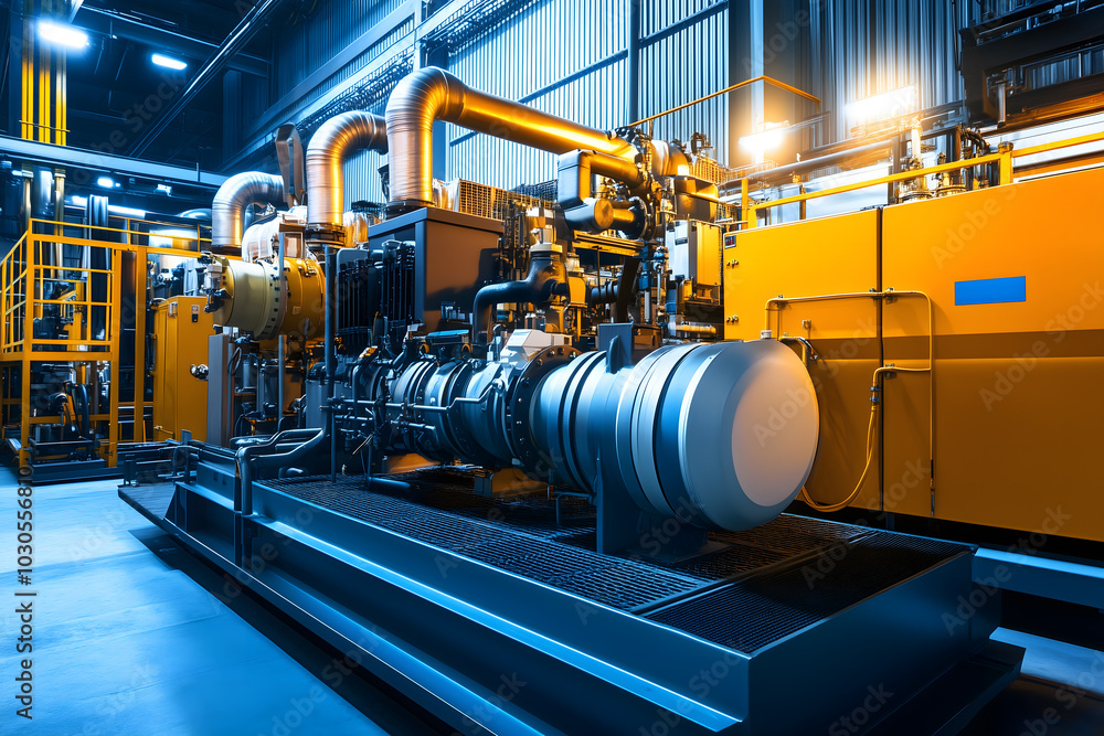 Bright industrial facility with powerful machinery and yellow pipes ...