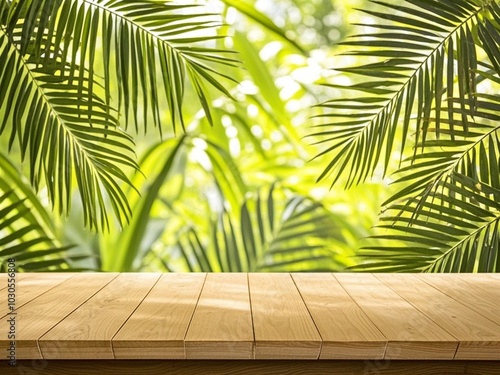 Obraz na płótnie The empty wooden table top with blur background of Green leaves of palm trees w salonie
