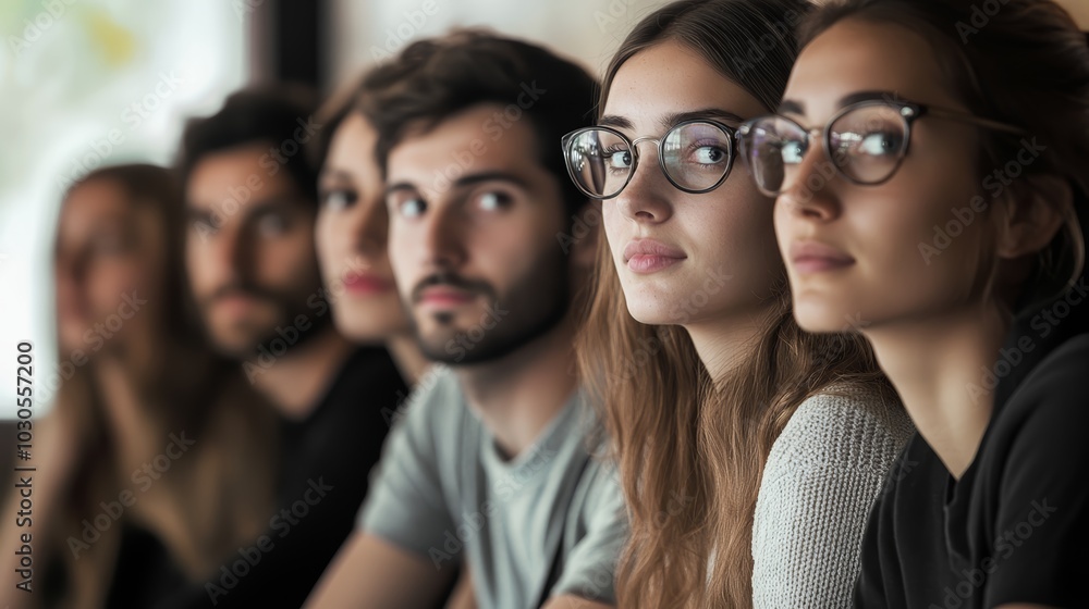 A group of diverse young adults with glasses engaged in deep conversation. A group of diverse young adults with glasses engaged in deep conversation.