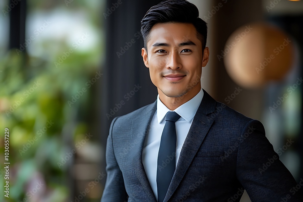 Smiling Asian Businessman in Suit and Blue Shirt Smiling Asian Businessman in Suit and Blue Shirt