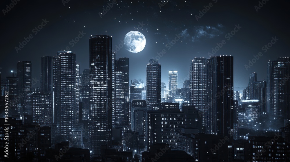 Cityscape Nighttime - Skyscrapers & Full Moon Cityscape Nighttime - Skyscrapers & Full Moon