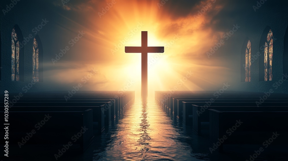 A silhouetted cross in a dimly lit church, illuminated by radiant beams of light. A silhouetted cross in a dimly lit church, illuminated by radiant beams of light.