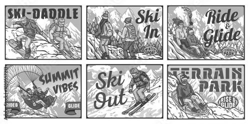 Set of posters with people snowboarding, skiing, sledding and paragliding with mountains in the background. Winter poster or sign for winter sport