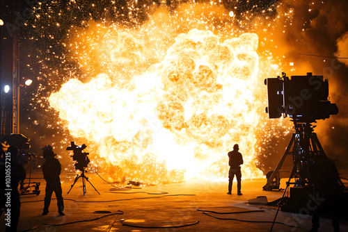 Behind-the-scenes of a movie set with a massive fire explosion, featuring a crew member watching the action from a safe distance