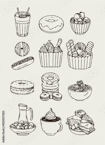 Adobe Illustrator Artwork
set of contour cakes and sweets, line art fast food icons.
black and white illustration, set of decorative elements