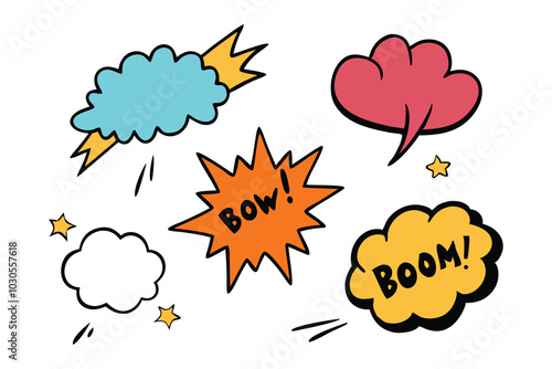 Comic speech bubble bow, boom text, explosive splash smoke, wow hand drawn cartoon flat vector illustration on white background