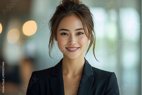 Smiling Brunette Businesswoman in Casual Fashion with White Teeth.