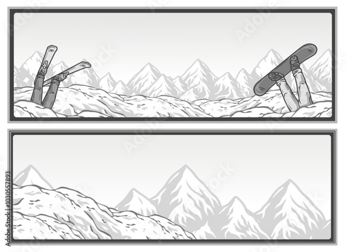 Winter poster set or signs. Snow backdrops or winter background collection. A collection of winter sports horizontal banner illustrations featuring skiers and snowboarders buried in the snow
