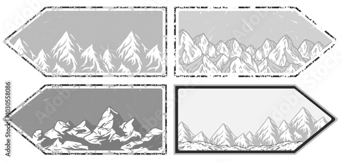 Winter poster set or signs. Snow backdrops or winter background collection. A collection of four winter mountain landscapes featuring snow capped peaks in vintage style with grunge textures