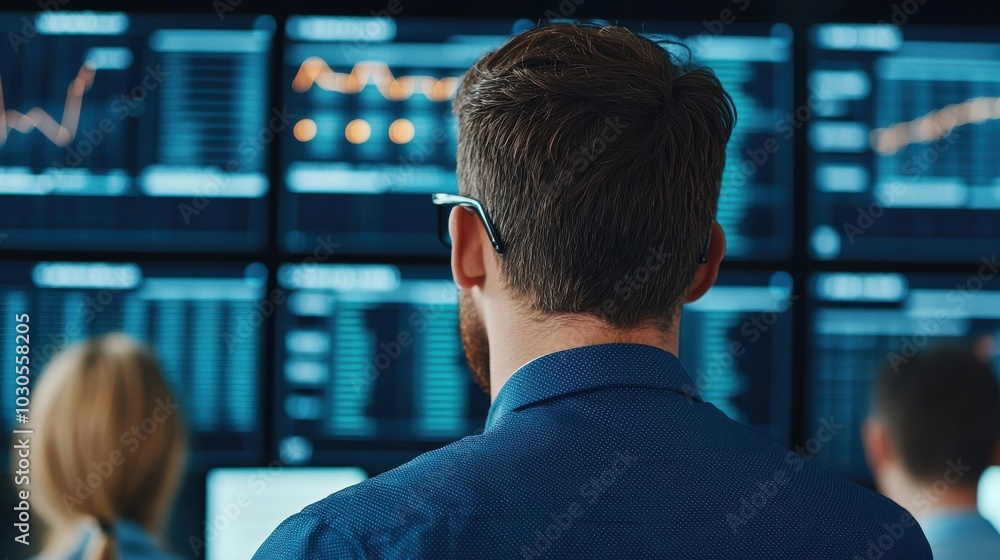 Back view of professionals analyzing financial data on digital screens. Back view of professionals analyzing financial data on digital screens.