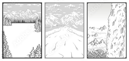 Snow backdrops or winter background collection. Set of three blue and white illustrations representing mountain landscapes under the snow, ideal for a winter poster