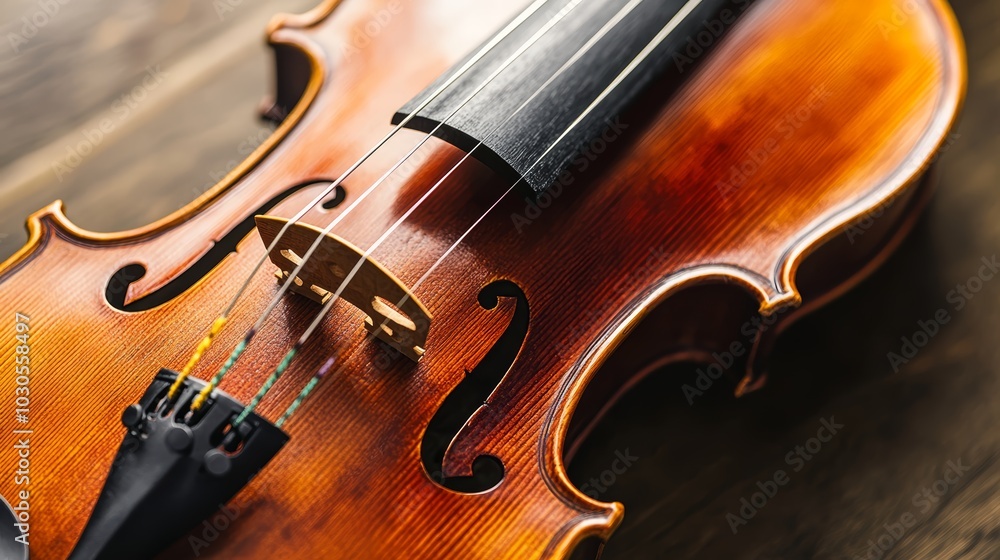 Fototapeta premium Close-up of a wooden violin showcasing its intricate details and craftsmanship.