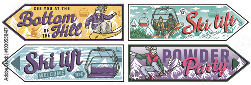 Set of vintage snowboarding and ski lift posters with snowboarders and skiers enjoying winter holidays. Winter poster or sign for sport
