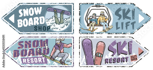 Four vintage grunge style signs featuring snowboarders and skiers enjoying winter sports on snowy slopes. Winter poster or sign for winter sport