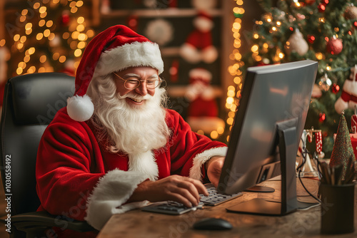 Santa Claus using a computer in a cozy, festive office during the Christmas season, surrounded by decorations, as he manages online tasks, emails, and preparations for the holiday