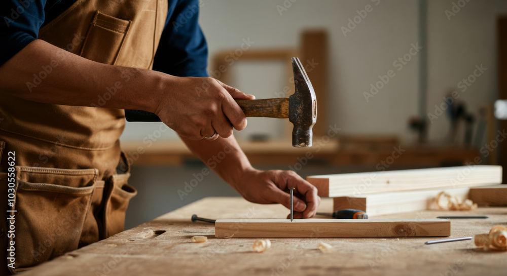 Carpenter hammering in workshop: precision woodworking design with artisan tools and craftsmanship Carpenter hammering in workshop: precision woodworking design with artisan tools and craftsmanship