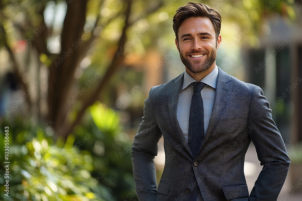 Smiling Businessman in a City Park Portrait Smiling Businessman in a City Park Portrait