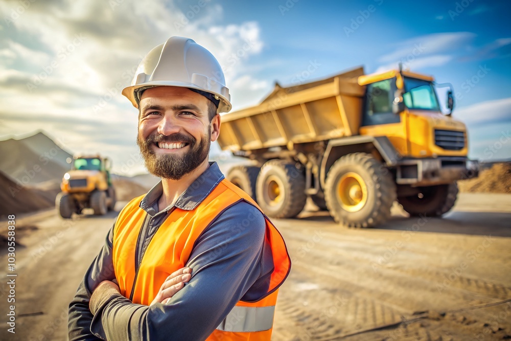 A worker wearing a safety vest and helmet smiles confidently as he poses next to a massive dump truck at an active construction site during daylight, showcasing a busy work environment A worker wearing a safety vest and helmet smiles confidently as he poses next to a massive dump truck at an active construction site during daylight, showcasing a busy work environment