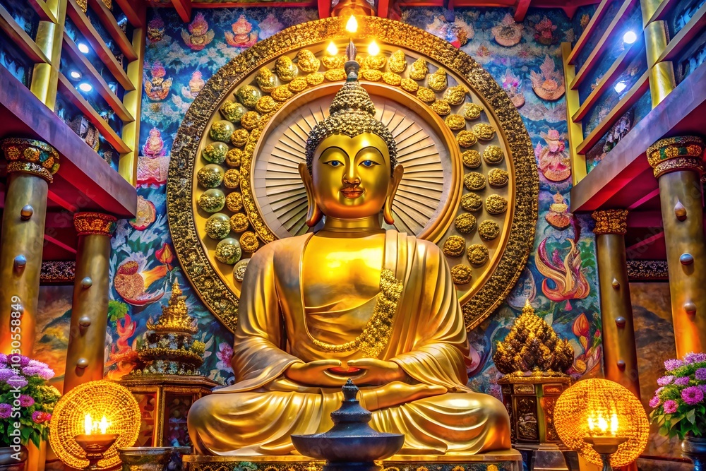 Buddha statue in a temple, radiating serenity and representing the teachings of Buddhism Buddha statue in a temple, radiating serenity and representing the teachings of Buddhism