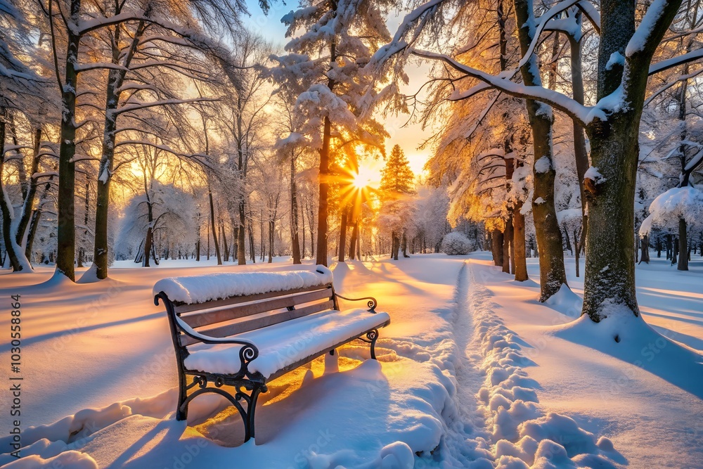 Serene Winter Park with Snow-Covered Bench and Sunset Through Snowy Trees Serene Winter Park with Snow-Covered Bench and Sunset Through Snowy Trees