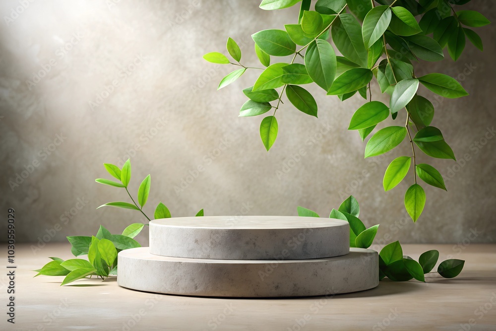 Stone podium adorned with green leaves, contrasted by a soft textured light background. Stone podium adorned with green leaves, contrasted by a soft textured light background.
