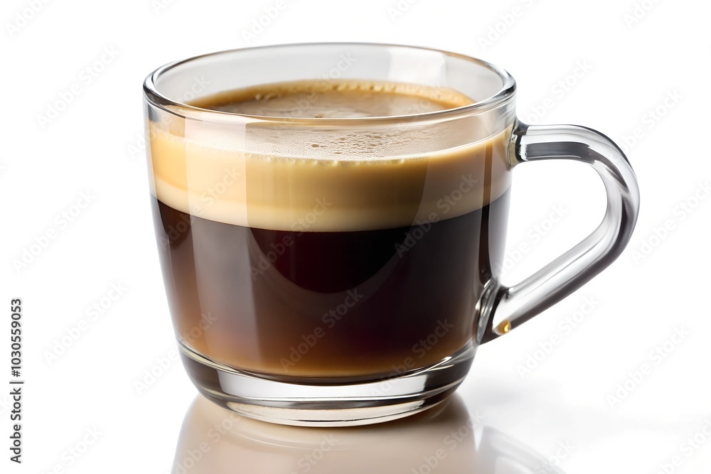 A clear glass mug filled with coffee, set against a white background A clear glass mug filled with coffee, set against a white background