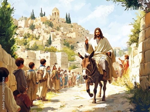 Jesus Riding into Jerusalem on a Donkey - Ancient City Scene Generative AI