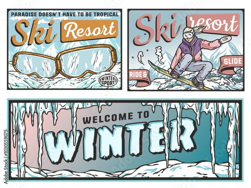 Set of vintage posters featuring a snowboarder at a ski resort, snowy landscapes, and ski goggles. Winter poster or sign for winter sport