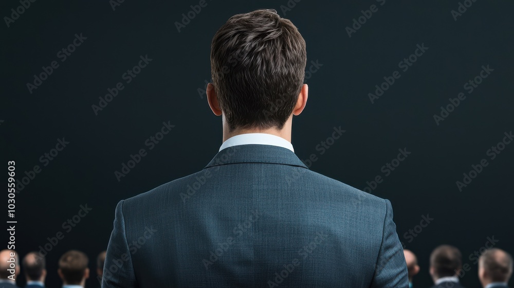 Man in suit facing audience, dark background, professional setting.