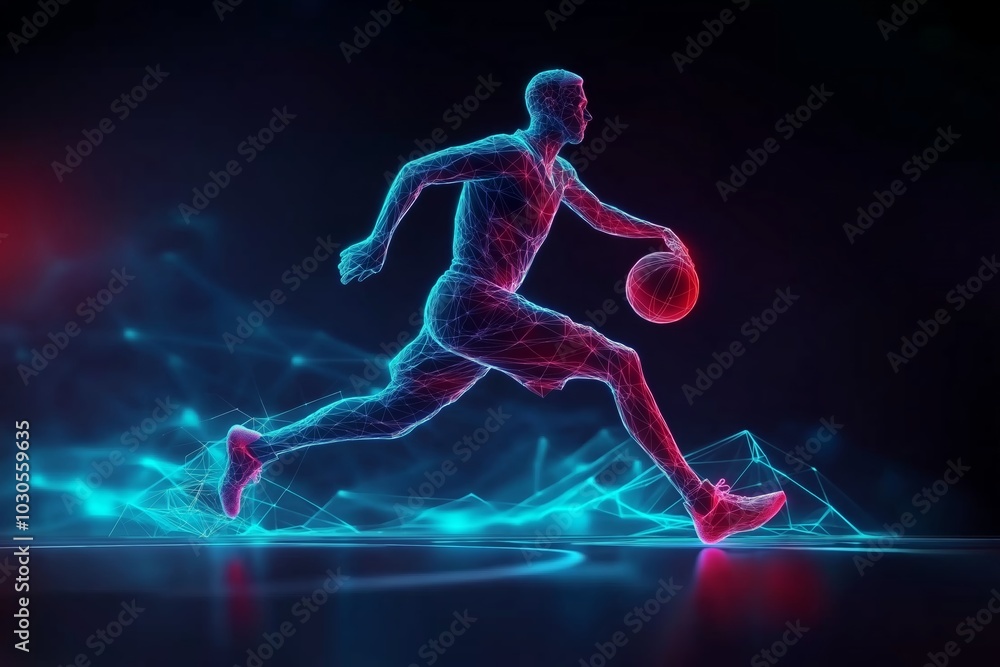Dynamic digital illustration of a basketball player in motion, showcasing neon effects and energy on a dark background. Dynamic digital illustration of a basketball player in motion, showcasing neon effects and energy on a dark background.