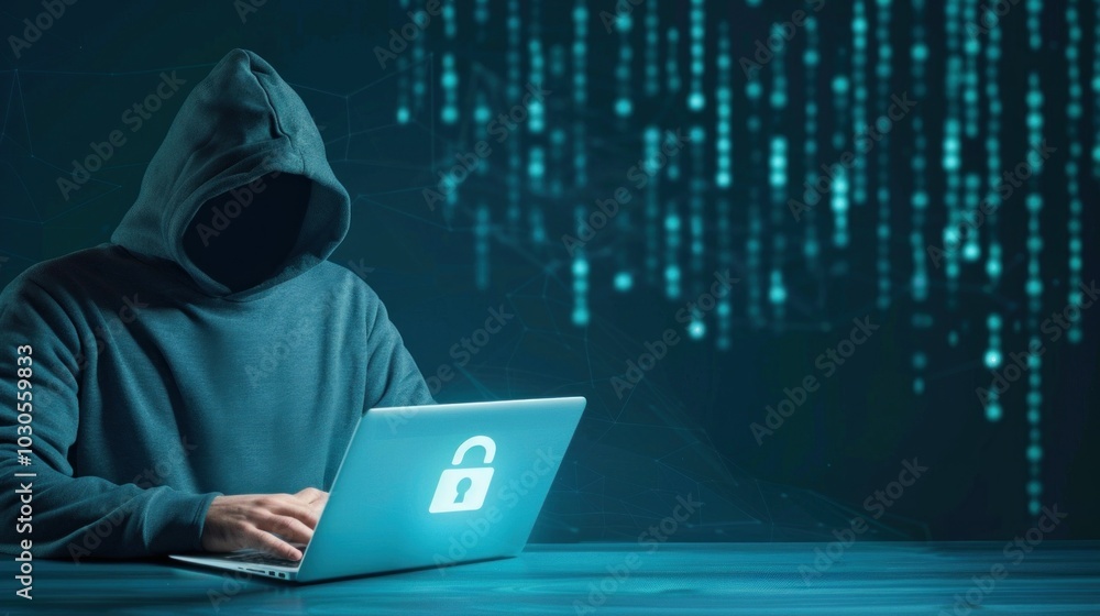 Hacker in hoodie typing on laptop with digital lock and matrix code background Hacker in hoodie typing on laptop with digital lock and matrix code background